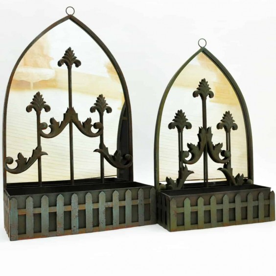 SET 2 74/60CM RUSTY WALL MIRROR WITH PLANT