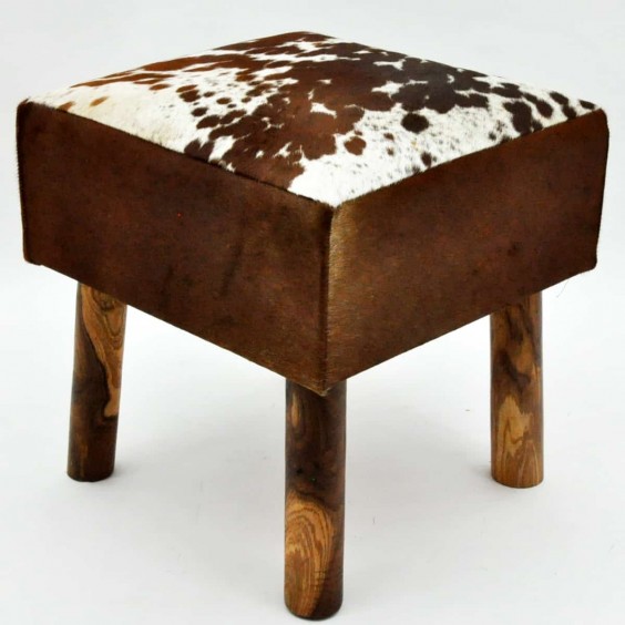 TAN AND WHITE COW-HIDE STOOL 45x43x43cm