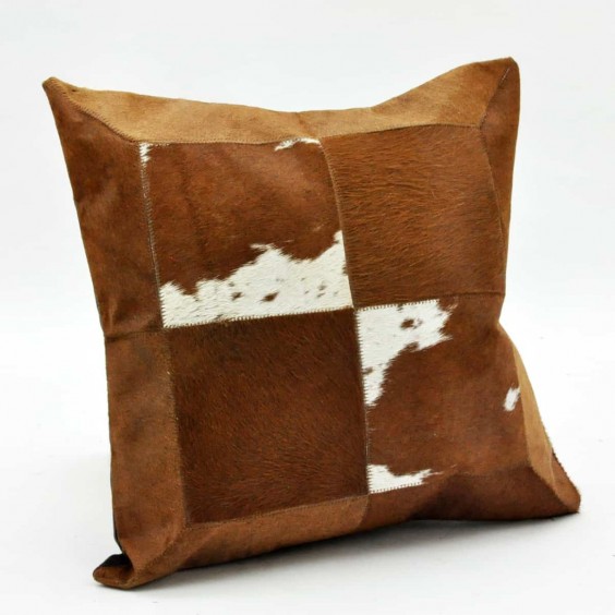 45X45CM TAN AND WHITE COW-HIDE CUSHION